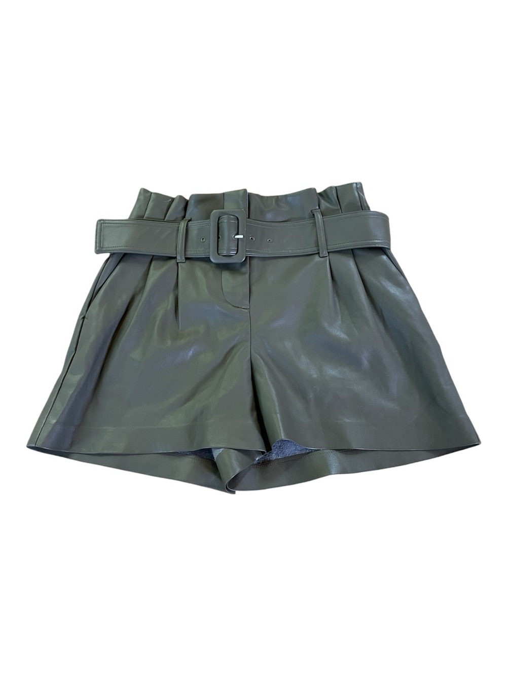Express Olive Green High-Waist Faux Leather Paperbag Shorts with Belt.  Size 2
